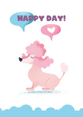 Happy day card with unny cute dog. Cartoon vector illustration. Printable design for poster, postcards, invitations, baby shower