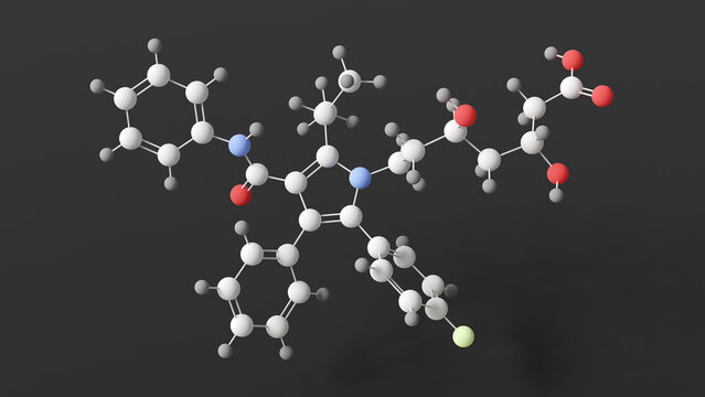 atorvastatin molecule, molecular structure, hmg-coa reductase inhibitors, ball and stick 3d model, structural chemical formula with colored atoms