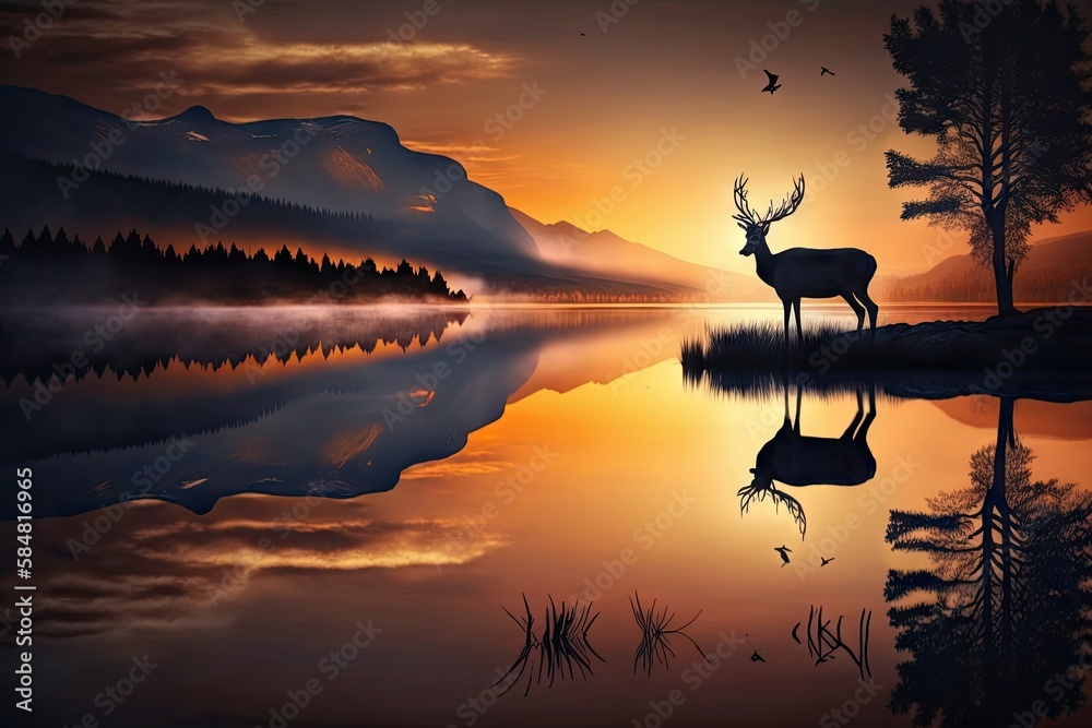 Sticker peaceful sunrise, with deer and its reflection in tranquil lake, created with generative ai