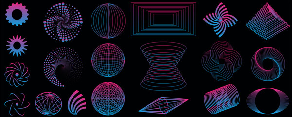 Enthusiastic posters with trendy soft blue-pink neon color and trendy shapes for your design, posters, pictures, stickers. 90s, 2000s style. Posters with figures in the style of 3D elements.