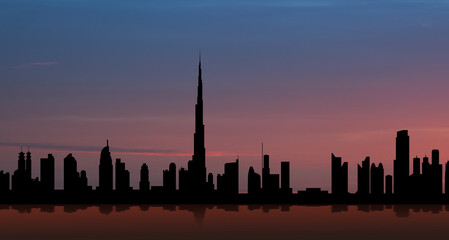 United Arab Emirates, Dubai skyline view at sunset. UAE celebration.