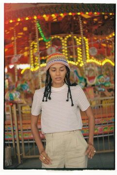 Fashion street portrait with carousel