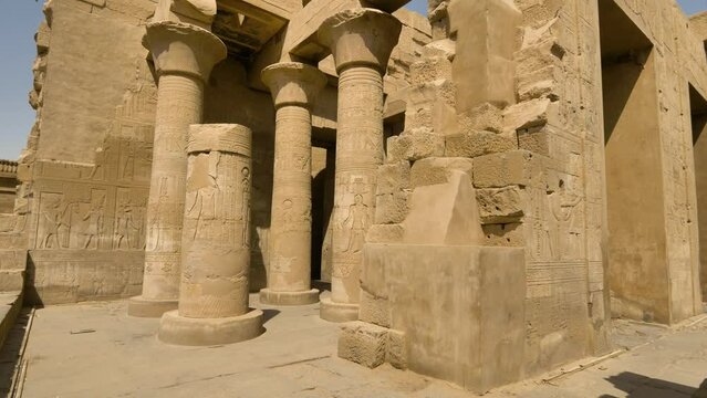 2022 - The ruins of Egypt's Temple of Kom Ombo have columns still in tact with hieroglyphs on them.