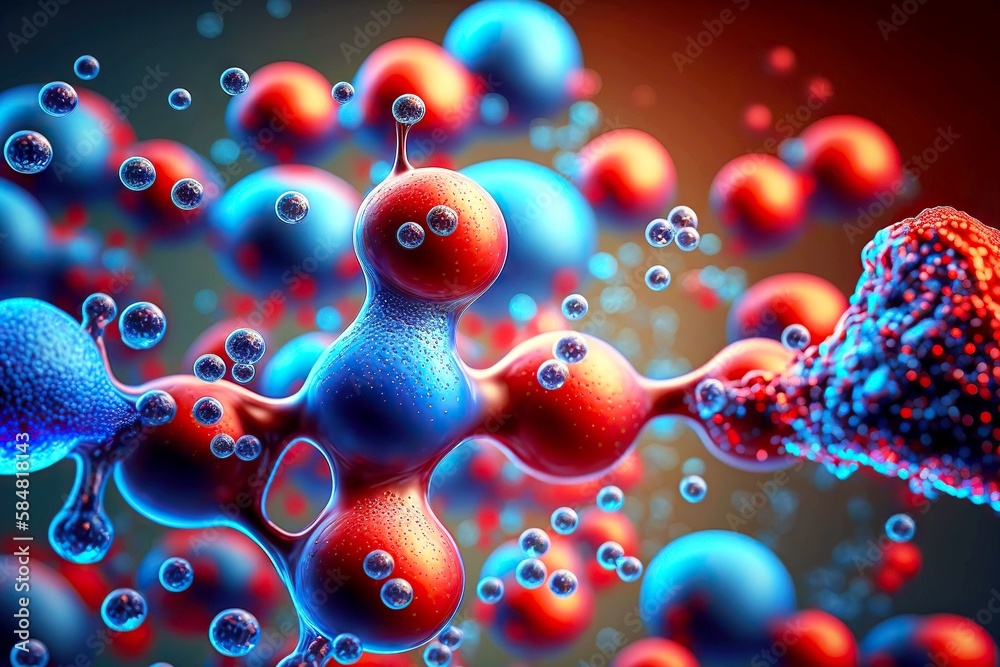 Wall mural microbiological view molecule closeup in red blue color, created with generative ai