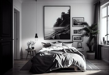 A bedroom with white walls, a wooden platform bed, and black and white bedding. The only decoration is a single black and white photograph on the wall. Generative AI