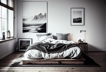 A bedroom with white walls, a wooden platform bed, and black and white bedding. The only decoration is a single black and white photograph on the wall. Generative AI