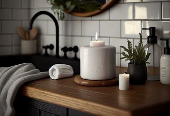 A bathroom with white tiles, a black stone sink, and a simple wooden stool. The only decoration is a few scented candles on the countertop. Generative AI