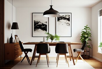 A dining room with white walls, a wooden table, and black leather chairs. The only decoration is a simple pendant lamp hanging over the table. Generative AI