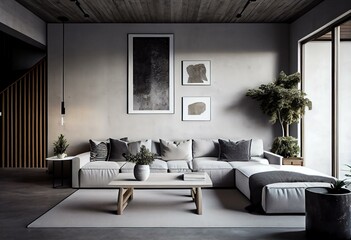 A living room with concrete walls, a simple wooden coffee table, and a white sectional sofa. The only decoration is a few black and white throw pillows. Generative AI