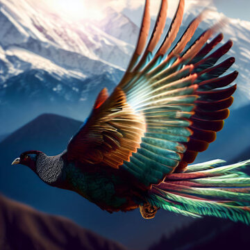 A Himalayan Monal taking off in front of the majestic Himalayas. Its vibrant feathers shimmer in the sunlight, and its wings beat powerfully as it soars into the sky. 