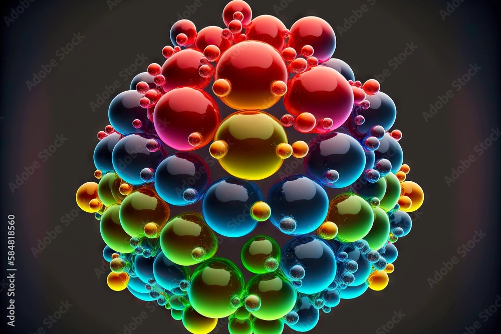 Poster molecule closeup model consisting of glossy shiny volumetric spheres, created with generative ai