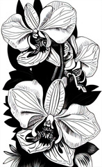 black and white drawing of an orchid flower close up, monochrome graphics, art