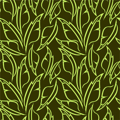green graphic drawing of stylized feathers on an olive background, texture, design
