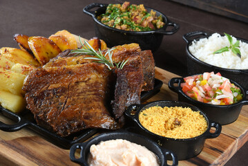 Gourmet Grill Restaurant Steak Menu - New York Beef Steak BBQ on Wooden Background. Black Angus Prime Steak. Roast Beef Steak Dinner