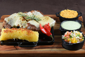 Gourmet Grill Restaurant Steak Menu - New York Beef Steak BBQ on Wooden Background. Black Angus Prime Steak. Roast Beef Steak Dinner