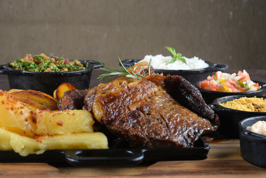 Gourmet Grill Restaurant Steak Menu - New York Beef Steak BBQ on Wooden Background. Black Angus Prime Steak. Roast Beef Steak Dinner