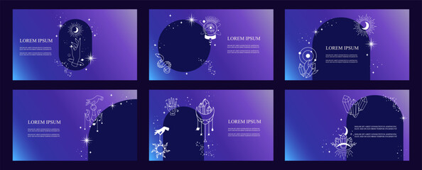Set of mystical templates for presentation. Elements of esoteric, occult, alchemical and witch symbols. Cards with esoteric symbols. Silhouette of hands, stars, moon phases and crystals.  landing page