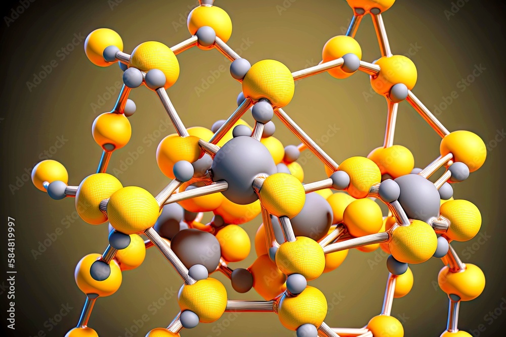 Poster Three-dimensional model molecule closeup with connections and spheres of different sizes, created with generative ai