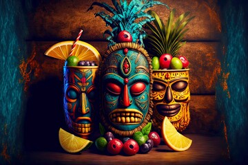 Multicolored wooden tiki mask to tropical cocktails in Tahiti, created with generative ai