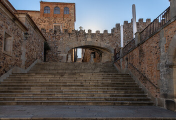 Fototapeta premium View of the main square buildings of this roman village namely the Old Town Area in Cáceres, Spain.