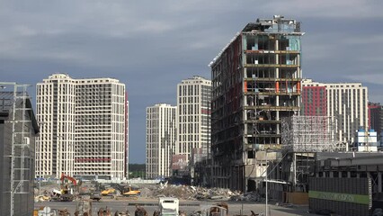 2022 - establishing shot of the destroyed Retroville shopping mall hit by Russian rocket in downtown Kyiv, Kiev Ukraine.