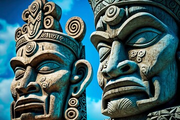 Ancient Indian tiki mask made of stone against blue sky, created with generative ai