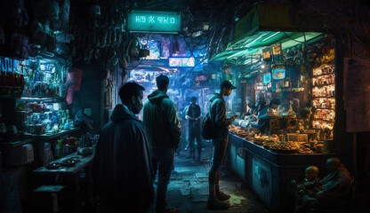 A futuristic marketplace at night
