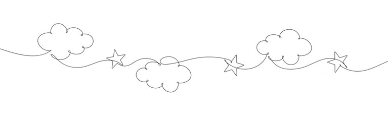 One single line drawing with cloud and star on white background. Continuous line draw vector illustration
