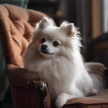 Cute Fluffy White Pomeranian Sitting in an Easy Chair Generative AI