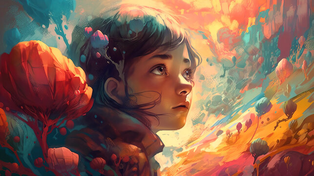 Dream Like Image of Young Girl with Flowers Generative AI
