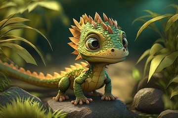 Cute Cartoon Dragon Lizard (Generative AI)
