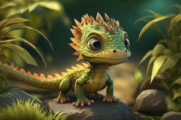 Obraz premium Cute Cartoon Dragon Lizard (Generative AI)