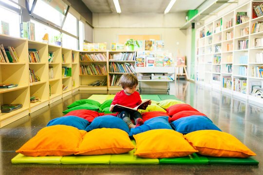 Boy reading from children's library