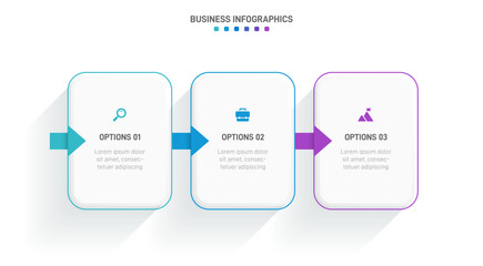Timeline infographic with infochart. Modern presentation template with 3 spets for business process. Website template on white background for concept modern design. Horizontal layout.
