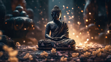 buddha statue and lotus flower. Generative AI
