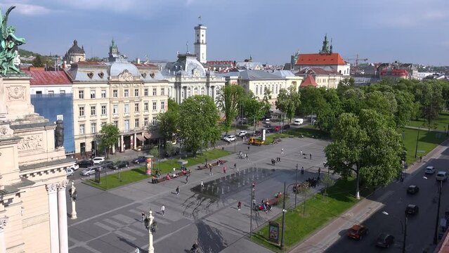 2022 - beautiful establishing cityscape skyline and historic opera house in Lviv, Ukraine.