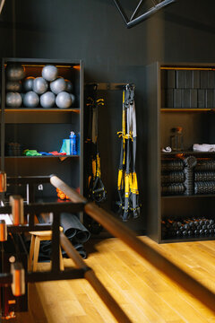 Gym equipment. Sport gear. Fitness tools. Suspension trainer. Mat
