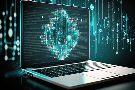 Laptop with network connection illustration. Analitical data infographic. Created with Generative AI