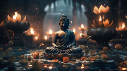 buddha statue and lotus flower. Generative AI
 - obrazy, fototapety, plakaty