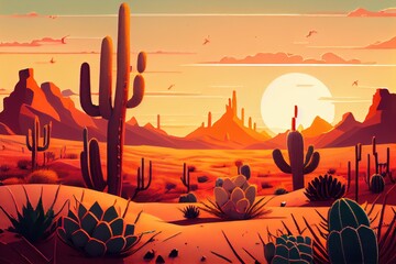 desert landscape with cactus and sand dunes, sunrise or sunset, created with generative ai