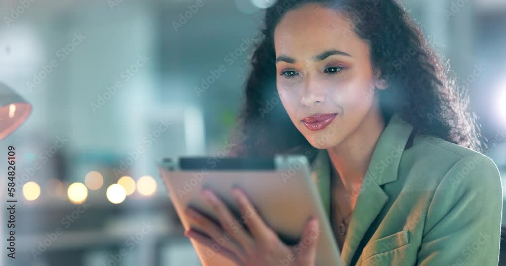 Poster tablet, night and search with black woman in office and scrolling for project, deadline and idea. te