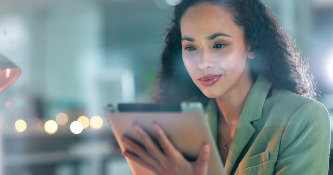 Tablet, night and search with black woman in office and scrolling for project, deadline and idea. Technology, task and digital with employee browsing online for overtime, proposal and business