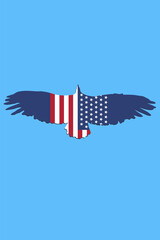 Huge bird of prey with USA flag on wings. Blue background is a sky. - obrazy, fototapety, plakaty