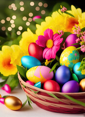 Easter card, Easter colored eggs in a basket on the table