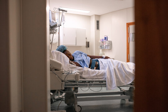 Pregnant black woman during contractions in hospital