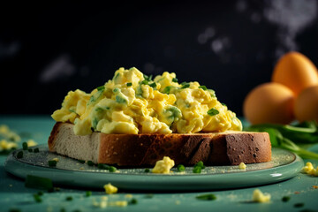 tasty morning scrambled egg with leek on a toast, created with generative ai