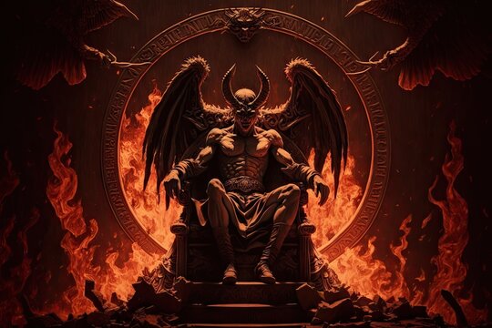 devil, sitting on throne at the heart of hell, surrounded by fire and brimstone, created with generative ai