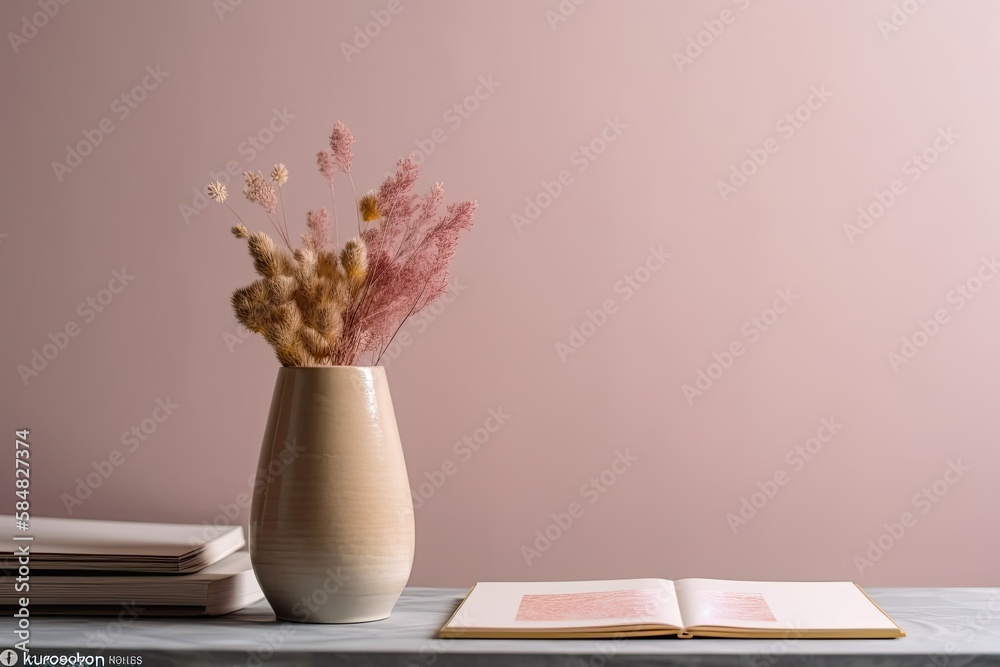 Sticker dried flowers in pink vase on white book mockup. front. text, copy, mockup. generative ai