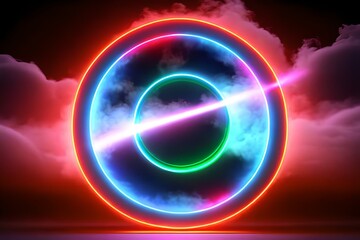 3d render, abstract cloud illuminated with neon light ring on dark night sky. Glowing geometric shape, round frame