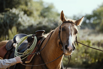 Fototapeta premium Palomino horse getting saddled cowboy for ranch or western industry concept.